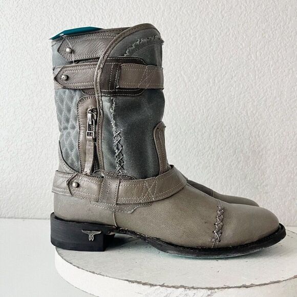 Lane Dustoff Women’s Western Moto Boots Gray Leather Harness Zip Ankle Size 8 - Picture 2 of 12